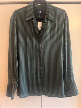 GAP Dark Green and Black Striped Silk-Blend Button Front Blouse